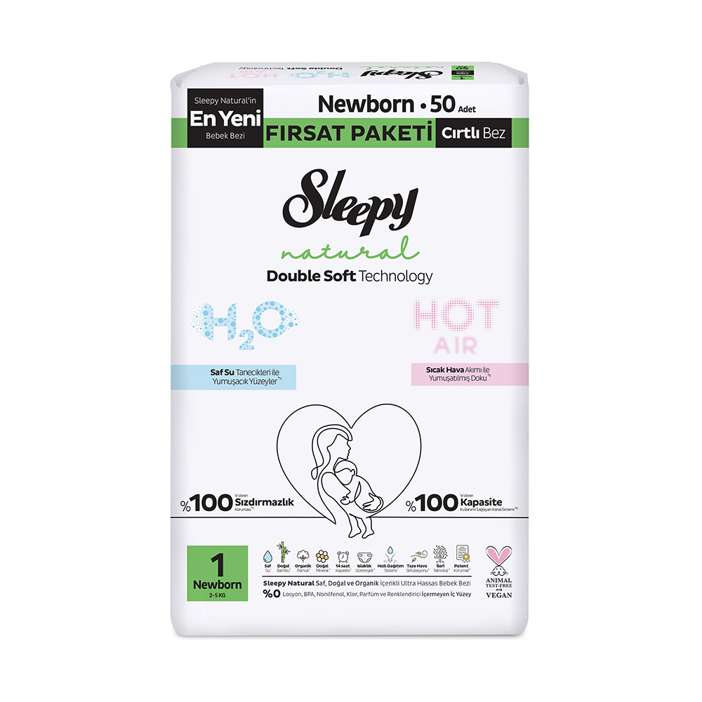 Sleepy Natural Double Soft Bebek Bezi Fırsat Paketi 1 Beden 50 Adet