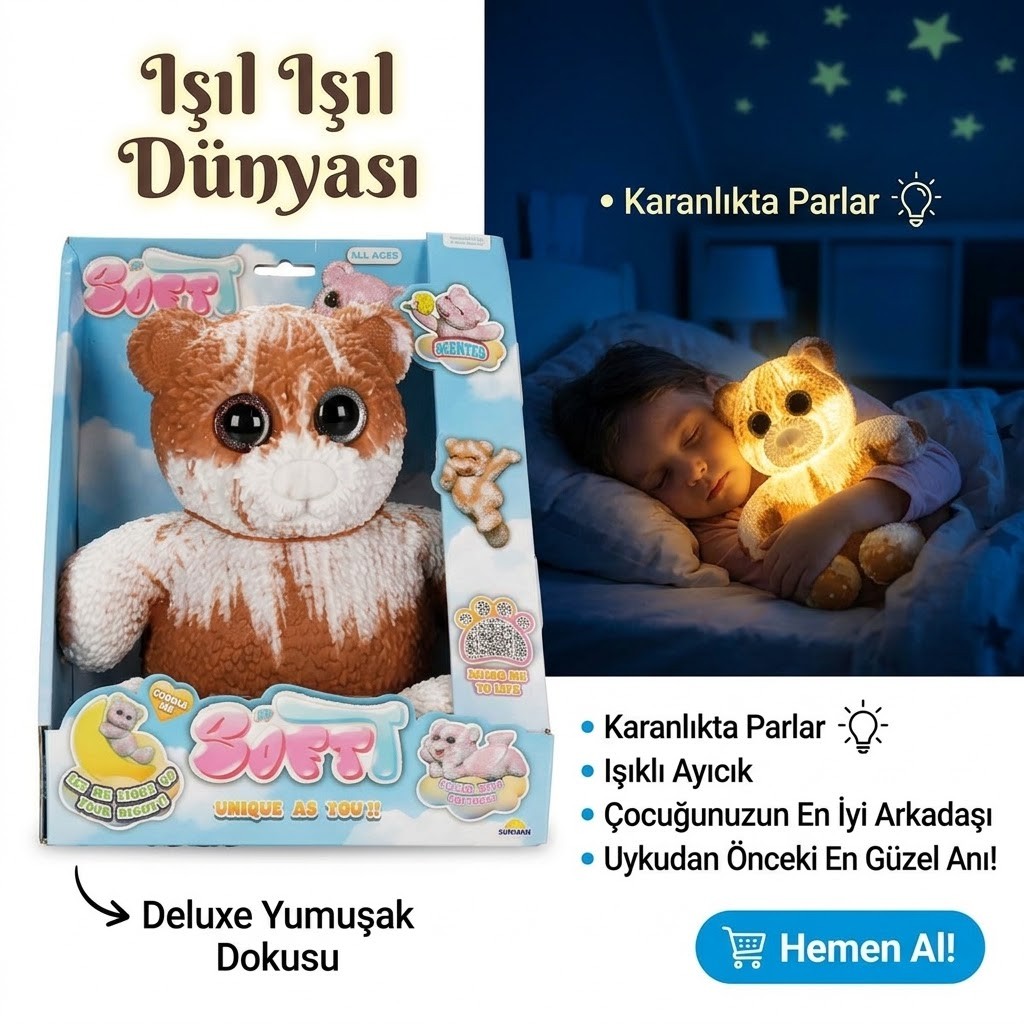 Karanlıkta Parlayan Soft Yumuşak 23 cm Ayıcık - Kahverengi