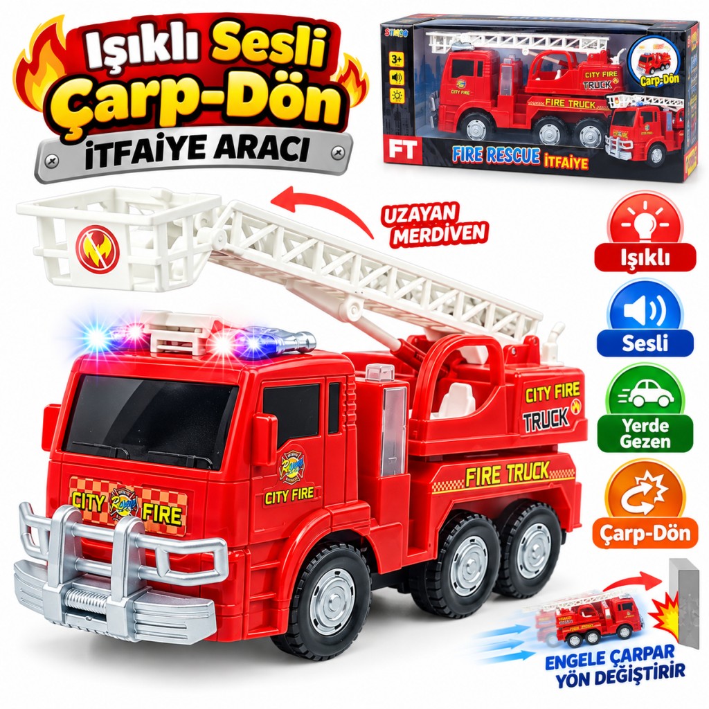 Merdivenli İtfaiye Aracı Işıklı Sesli Çarpıp Döner Kendi Gezer
