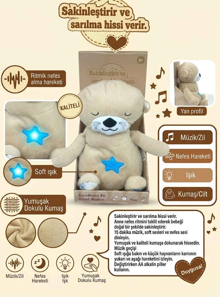 Nefes Alan Işıklı ve Müzikli Uyku Arkadaşı Peluş Su Samuru - Sakinleştirici Bebek Oyuncağı