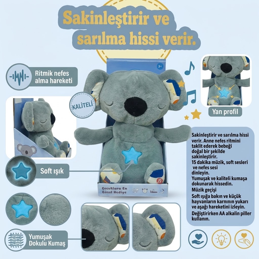 Nefes Alan Işıklı ve Müzikli Uyku Arkadaşı Peluş Koala - Sakinleştirici Bebek Oyuncağı