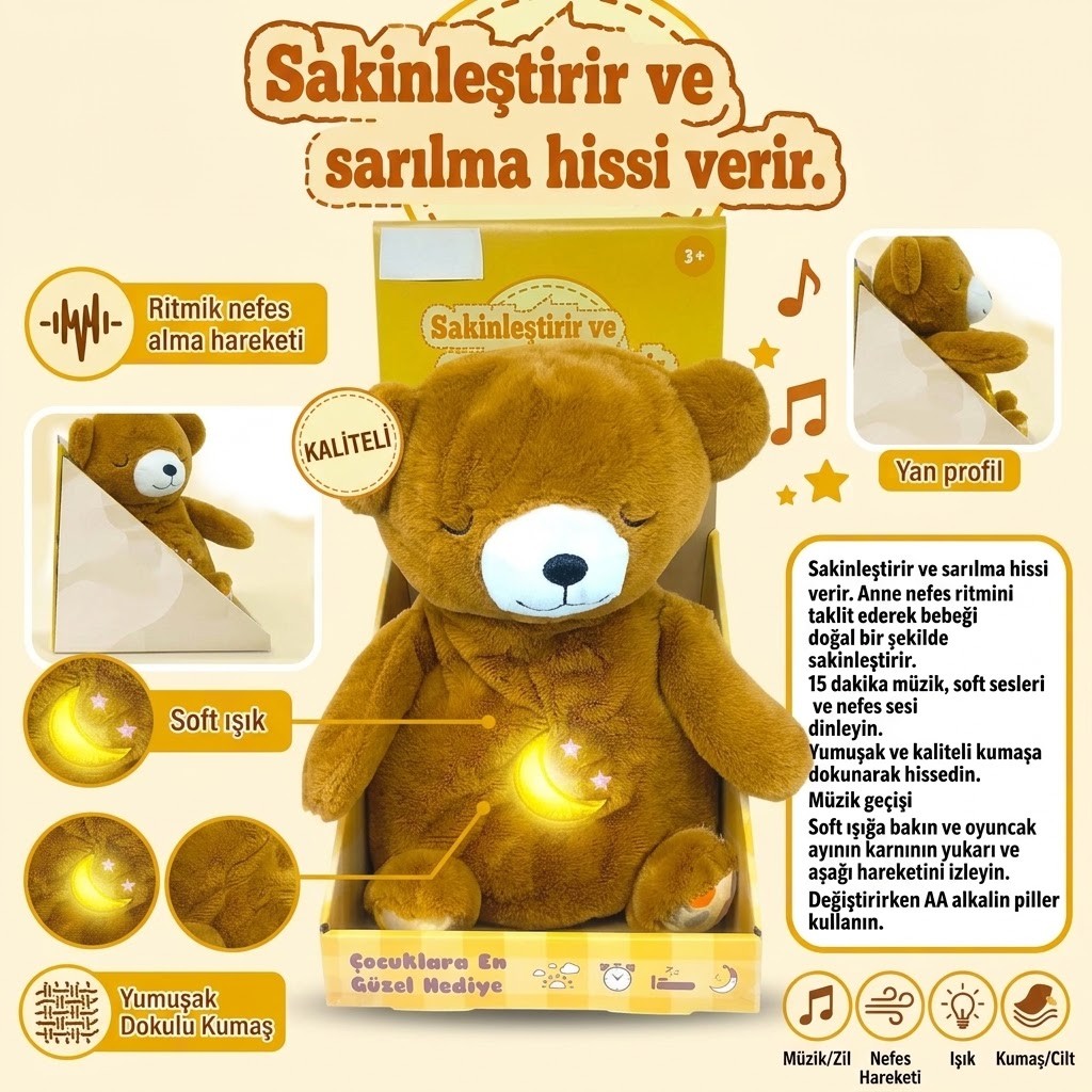 Nefes Alan Işıklı ve Müzikli Uyku Arkadaşı Peluş Ayı - Sakinleştirici Bebek Oyuncağı