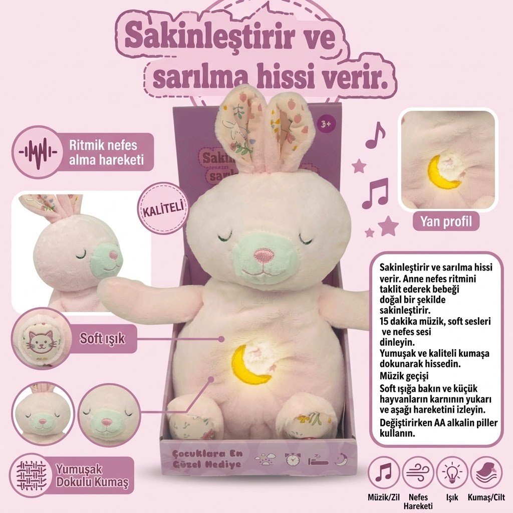 Nefes Alan Işıklı ve Müzikli Uyku Arkadaşı Peluş Tavşan- Sakinleştirici Bebek Oyuncağı