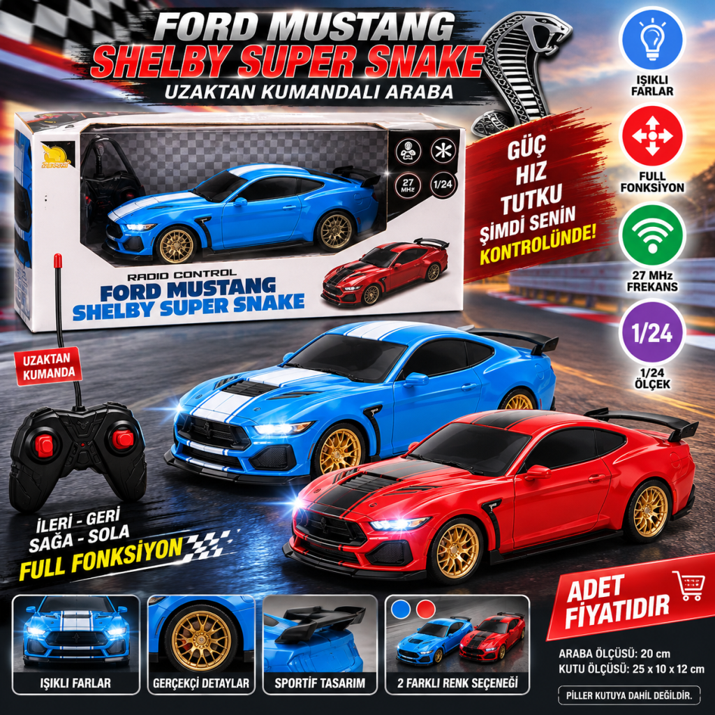 1:24 Ford Mustang Shelby Super Snake Işıklı Uzaktan Kumandalı Araba (adet fiyatıdır)
