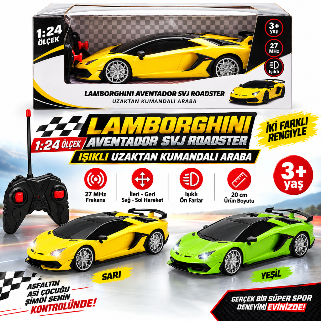 1:24 Lamborghini Aventador SVJ Roadster Işıklı Uzaktan Kumandalı Araba(Adet fiyatıdır)