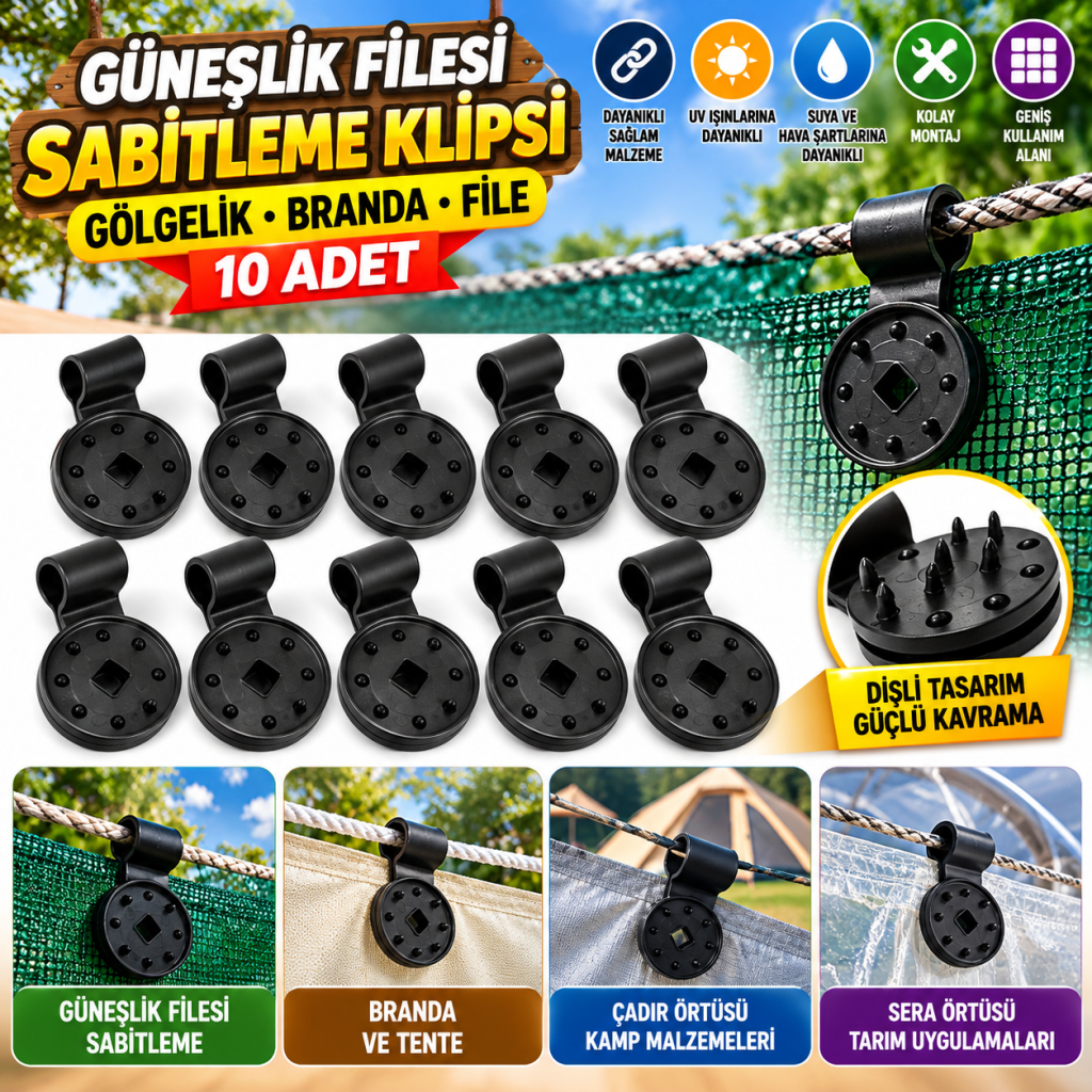 10 Adet Güneşlik Filesi Sabitleme Klipsleri, Gölgelik Bezi ve Brandalar İçin Dayanıklı Plastik Kelepçe Kancaları