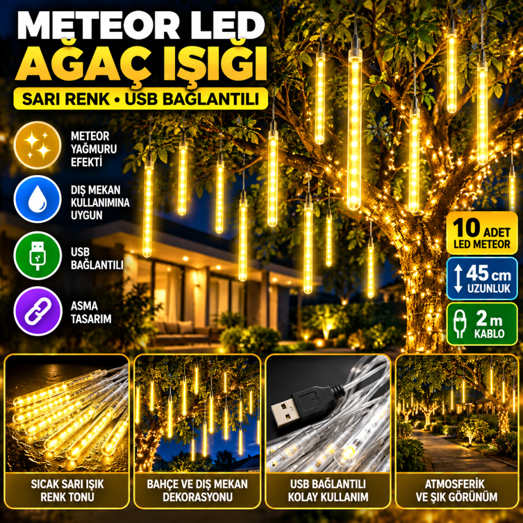 10'lu 45 cm Plastik Meteor LED USB 2M Kablo Sarı Renk Ağaç Işığı – Renk Değiştiren Asmalı Dekoratif Bahçe ve Dış Mekan Aydınlatması