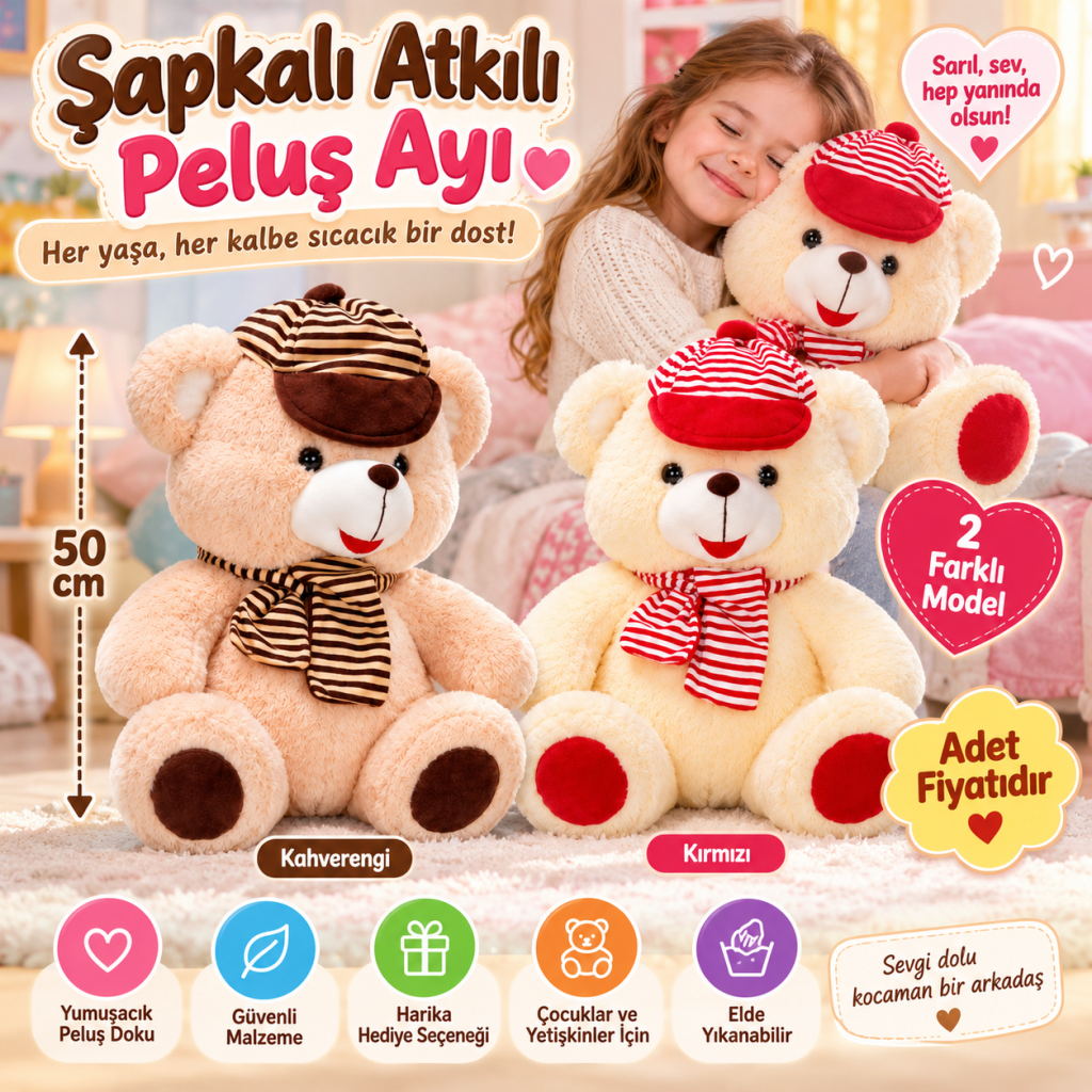 1001521 PELUŞ AYI OTURAN ŞAPKALI ATKILI 50CM 2R (adet fiyatıdır)