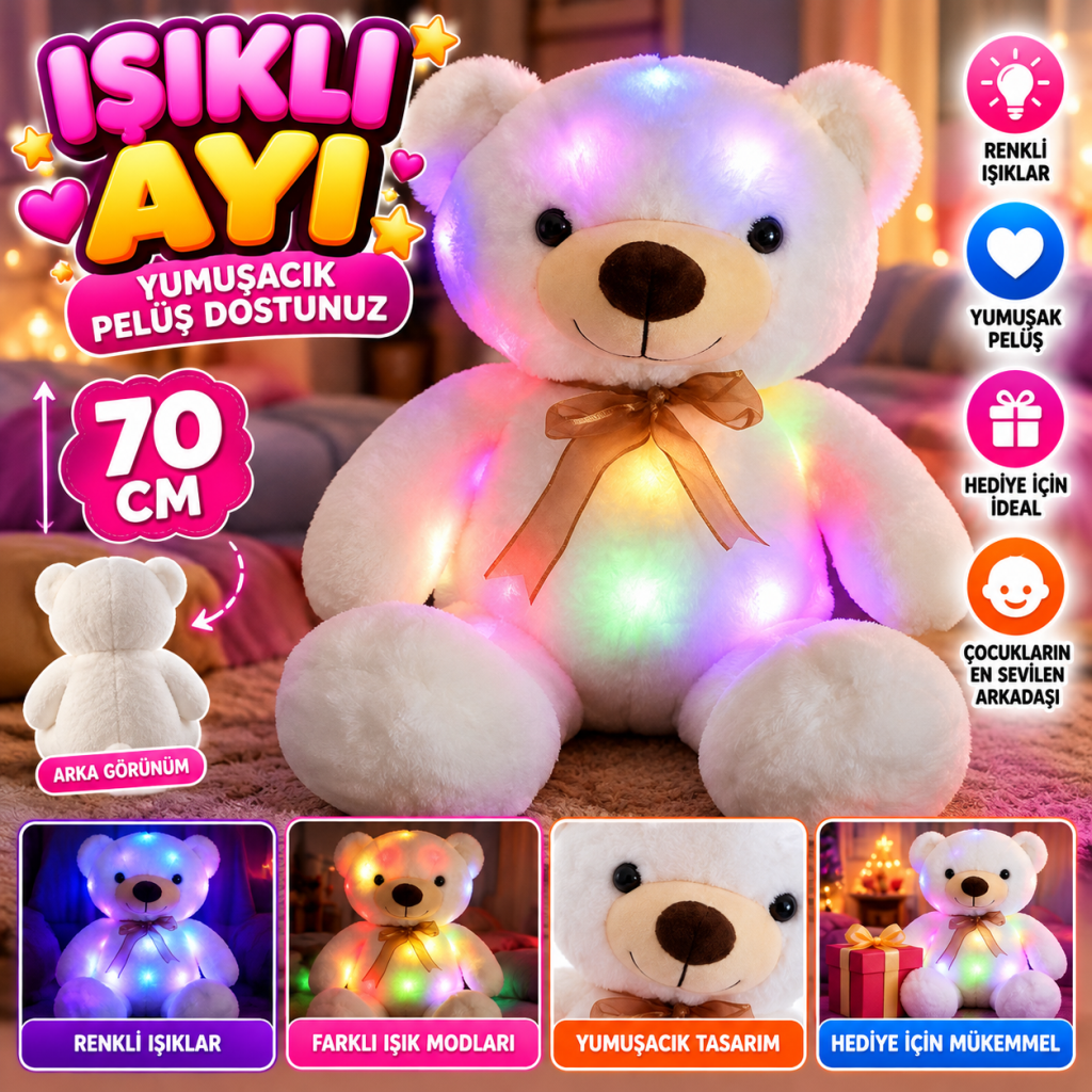 1047 Işıklı Ayı 70 Cm-beyaz