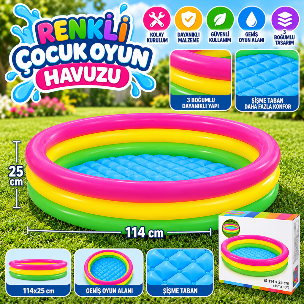 114x25 3 Boğumlu Renkli Altı Şişme Çocuk Oyun Havuzu