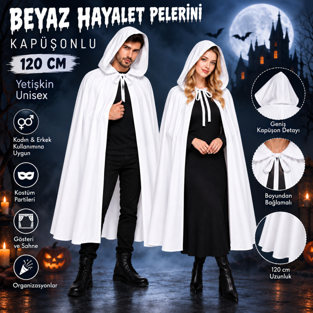 120 cm Beyaz Kapüşonlu Uzun Hayalet Pelerin