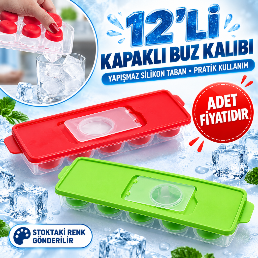 12li Kapaklı Yapışmaz Silikon Tabanlı Plastik Küp Buz Kalıbı - Stokta Olan Renk Gönderilir