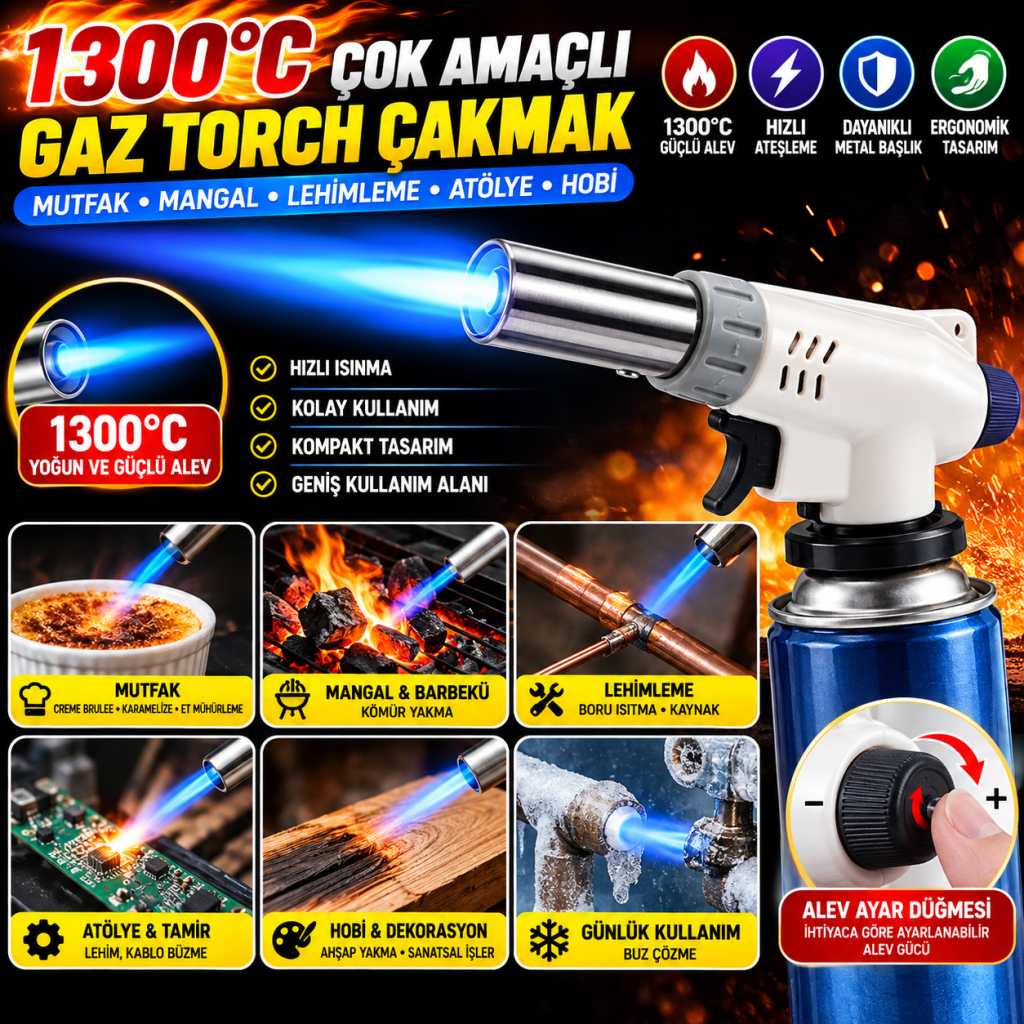 1300°C Çok Amaçlı Gaz Torch Çakmak - Mutfak, Mangal, Lehimleme Pürmüz Alev Tabancası
