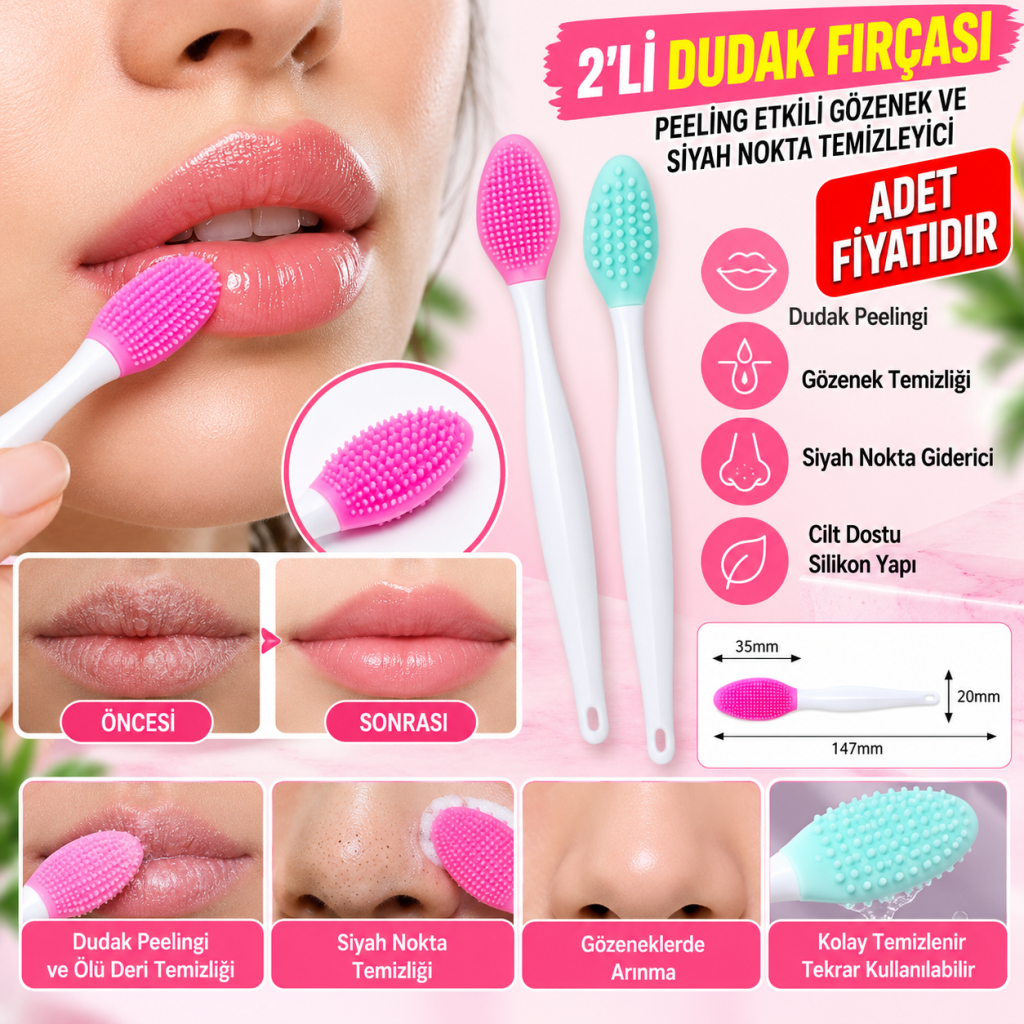 2 Adet Dudak Fırçası Peeling Etkili Gözenek  Siyah Nokta Temizleyici Akne Giderici Çift Yönl