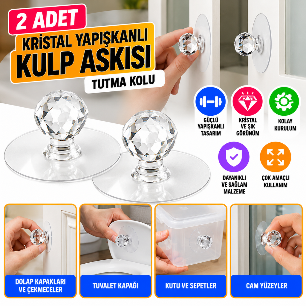2 Adet Kristal Kendiliğinden Güçlü Yapışkanlı Kulp Askısı Tutma Kolu
