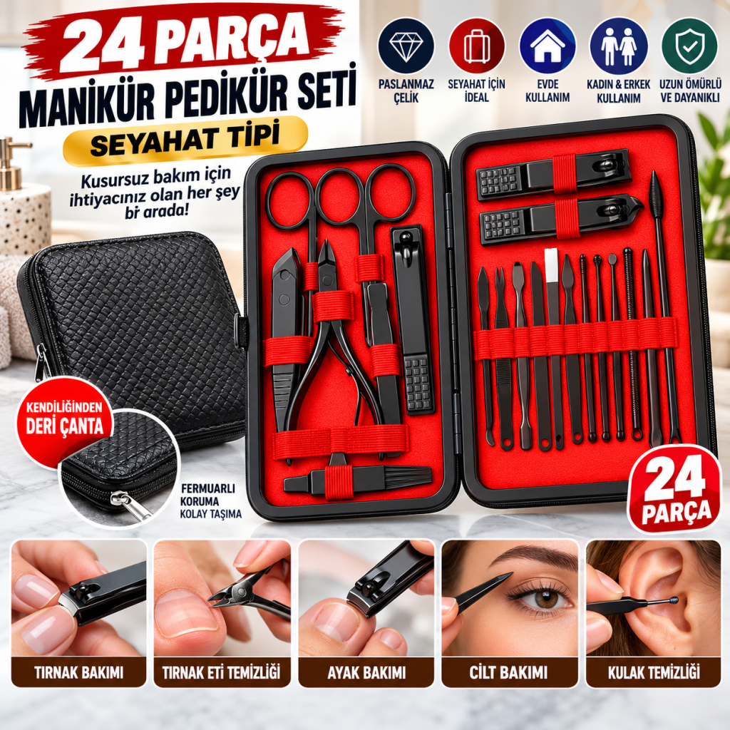 24 Parça Kendiliğinden Deri Çantalı Seyahat Tipi Manikür Pedikür Seti