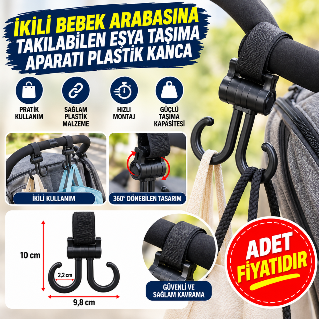 2li Bebek Arabasına Uyumlu Cırtlı  Eşya Taşıma Aparatı 360 Derece Dönebilen Plastik Kanca (adet fiyatıdır)