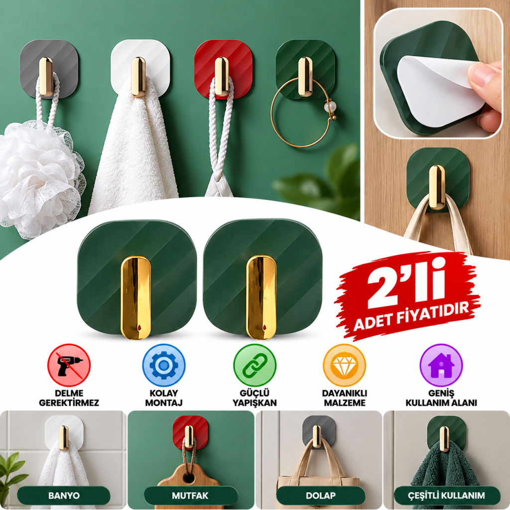 2li Yapışkanlı Retro Askılık Dolap Kapak Kulpu Yeşil