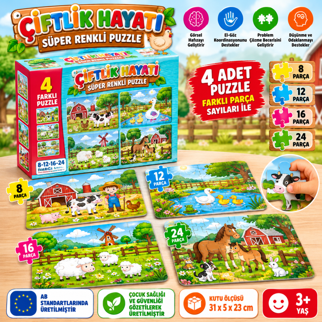 3222 Çiftlik Süper Renkli Puzzle 4LÜ