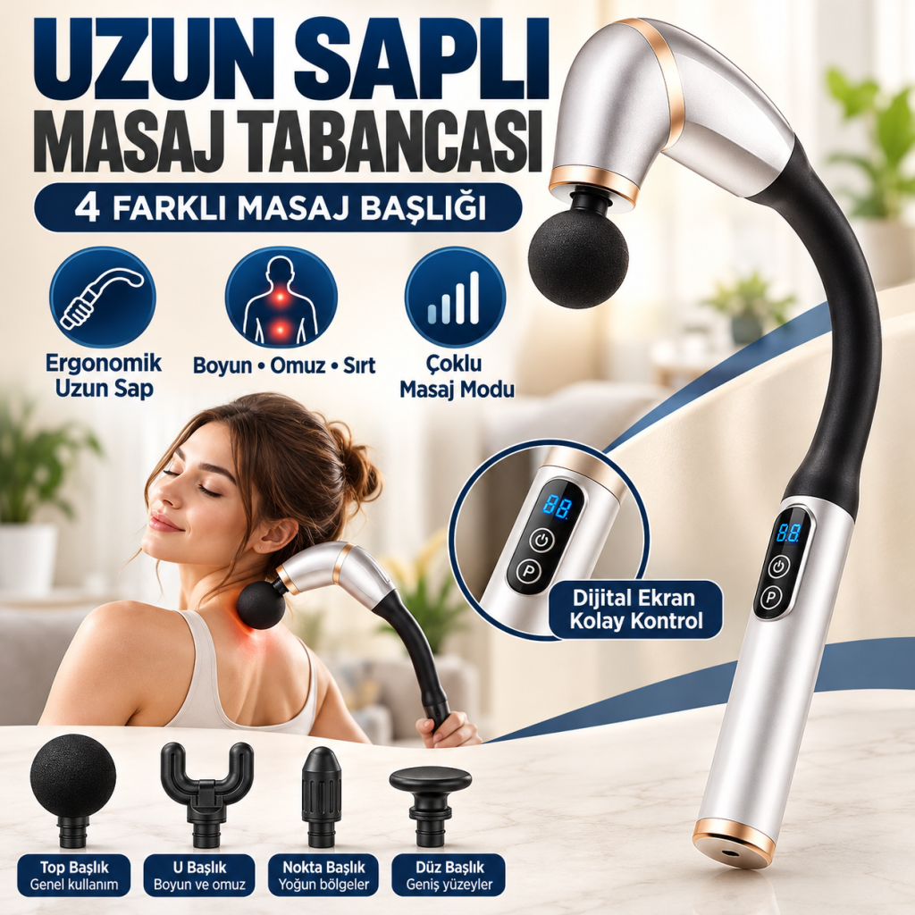 4 Farklı Başlıklı Uzun Saplı Derin Doku Masaj Tabancası, Boyun, Omuz ve Sırt için Ergonomik Saplı Çoklu Masaj Modlu Taşınabilir Masaj Aleti