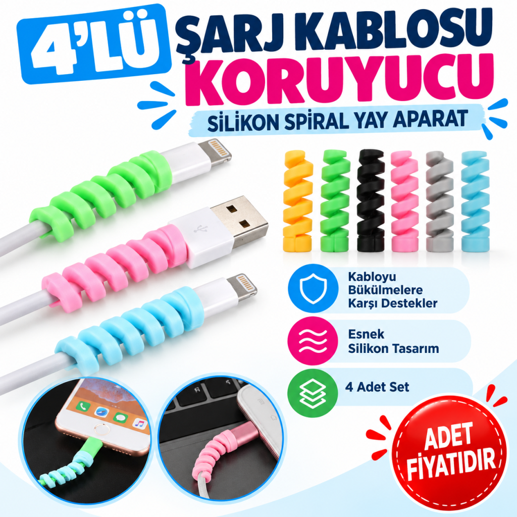 4lü Apple, Android Şaj Kablosu Koruyucu Silikon Spiral Yay Aparat