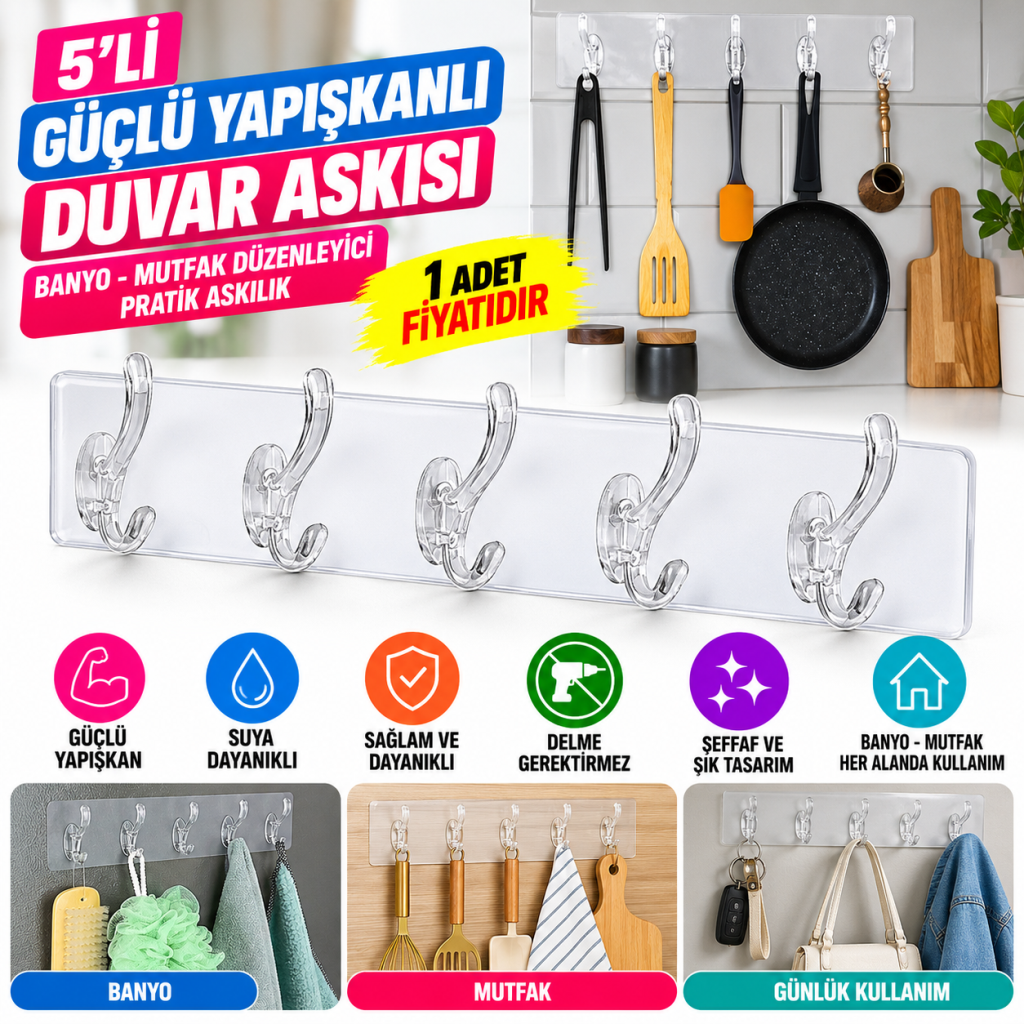 5'li Güçlü Yapışkanlı Şeffaf Duvar Askısı Banyo Mutfak Düzenleyici Pratik Askılık (adet fiyatıdır)