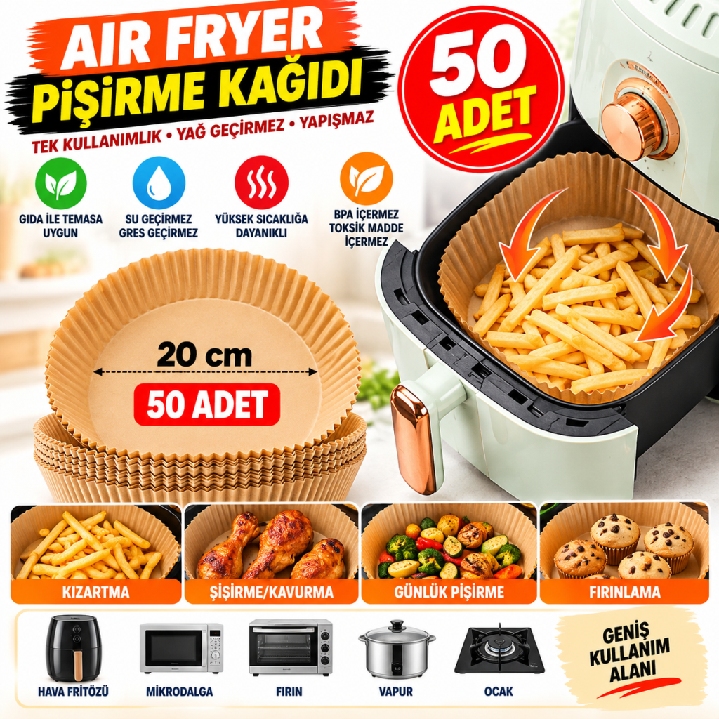 50 Adet 20 cm Air Fryer Pişirme Kağıdı Tek Kullanımlık Yağ Geçirmez Yuvarlak Tabak Model PVC