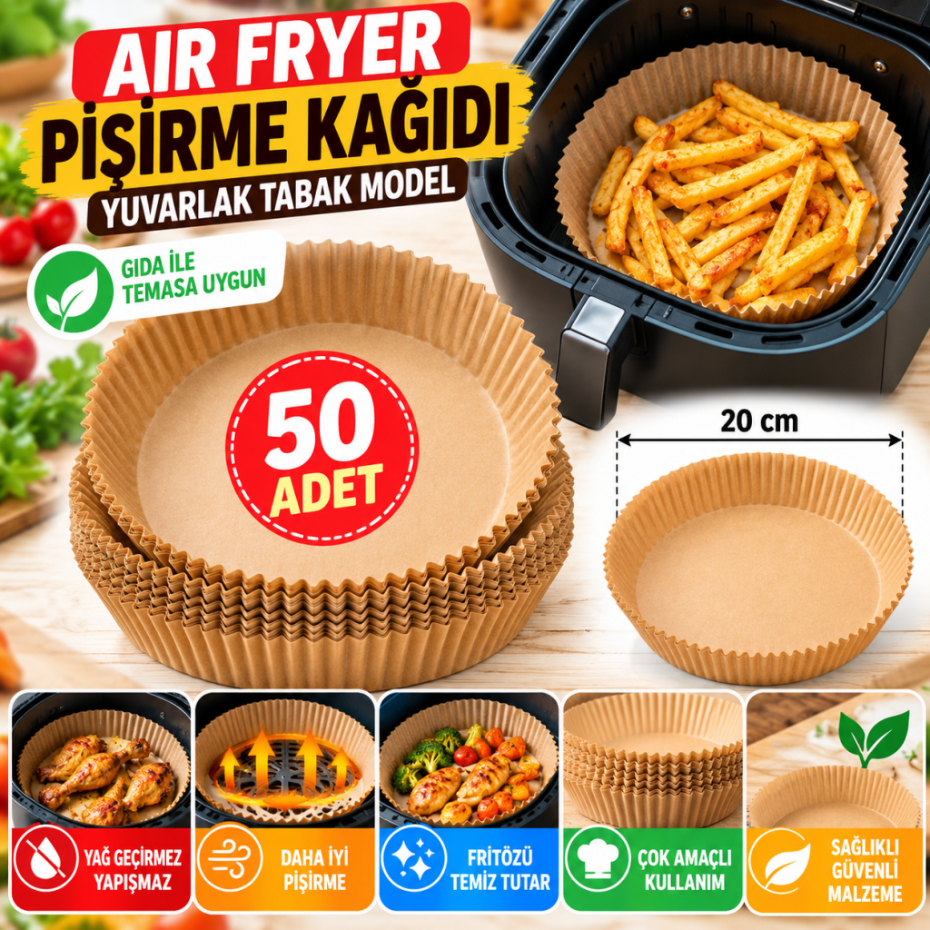 50 Adet Air Fryer Pişirme Kağıdı Tek Kullanımlık Hava Fritöz Yağ Geçirmez Yapışmaz Tabak Model