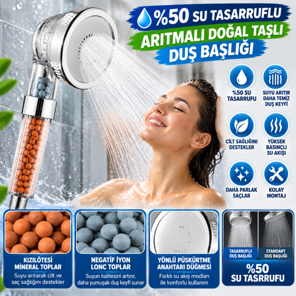 %50 Su Tasarruflu ve Arıtmalı Doğal Taşlı Banyo El Duş Başlığı