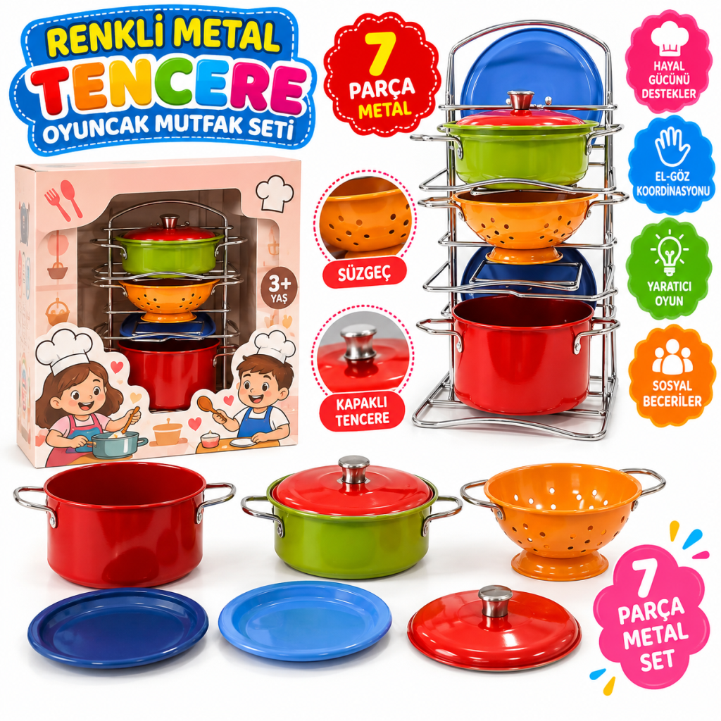 683G RENKLİ METAL TENCERE OYUNCAK MUTFAK SETİ