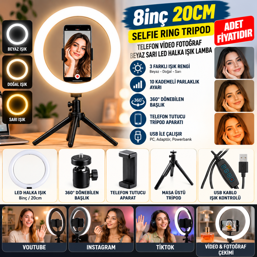 8inç 20cm Youtube Instagram Tiktok Selfie  Stüdyo Video Fotoğraf Ring Light  Tripod Led Halk