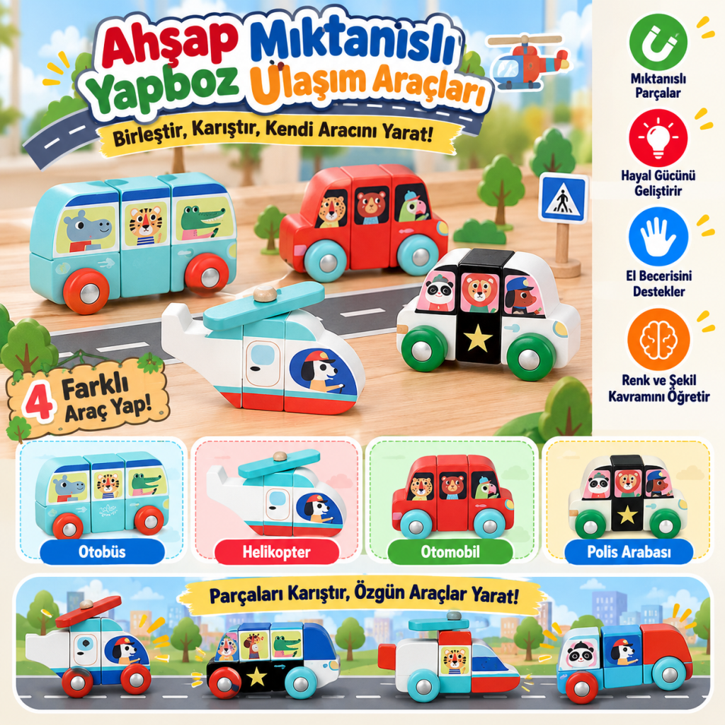 Ahşap Mıktanıslı Yapboz Ulaşım Araçları