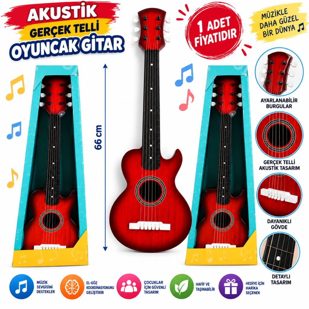 Akustik Gerçek Telli 66 Cm Oyuncak Gitar 1 Adet Fiyatıdır