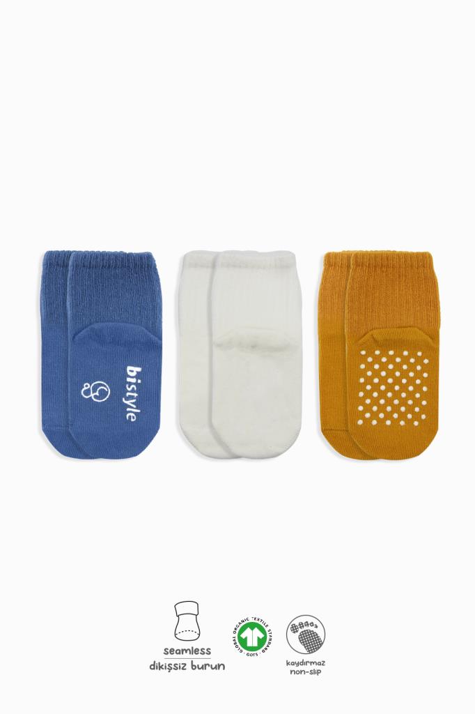 NessiWorld Basic Kaymaz Penye Soket Çorap 3'Lü BS10106 İndigo Ekru Hardal