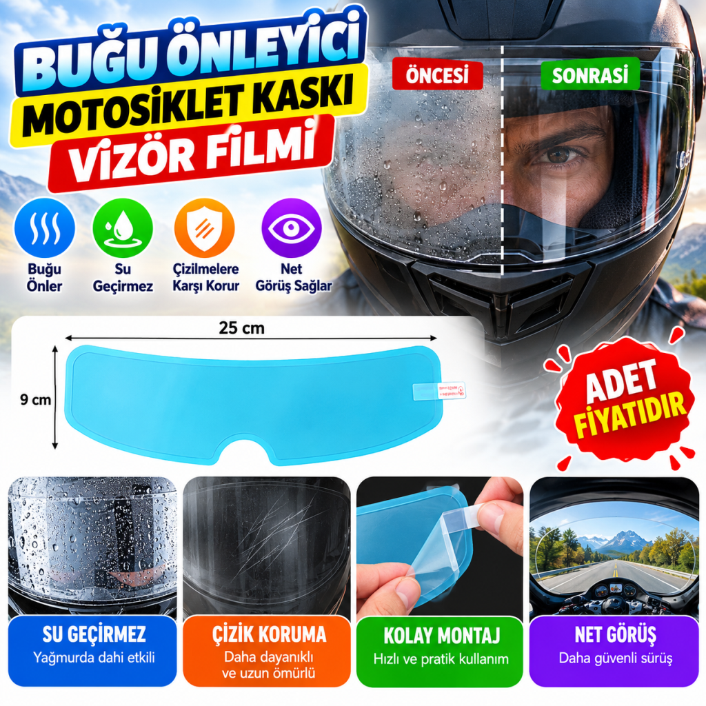 Buğu Önleyici Motosiklet Kaskı Vizörü Su Geçirmez Dayanıklı Çizik Koruma Lens Filmi (adet fiyatıdır)