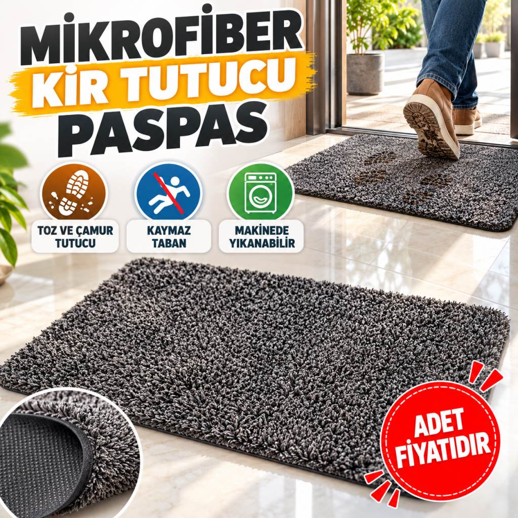 Çamaşır Makinesinde Yıkanabilir Kir Toz Emici Mikrofiberli Paspas