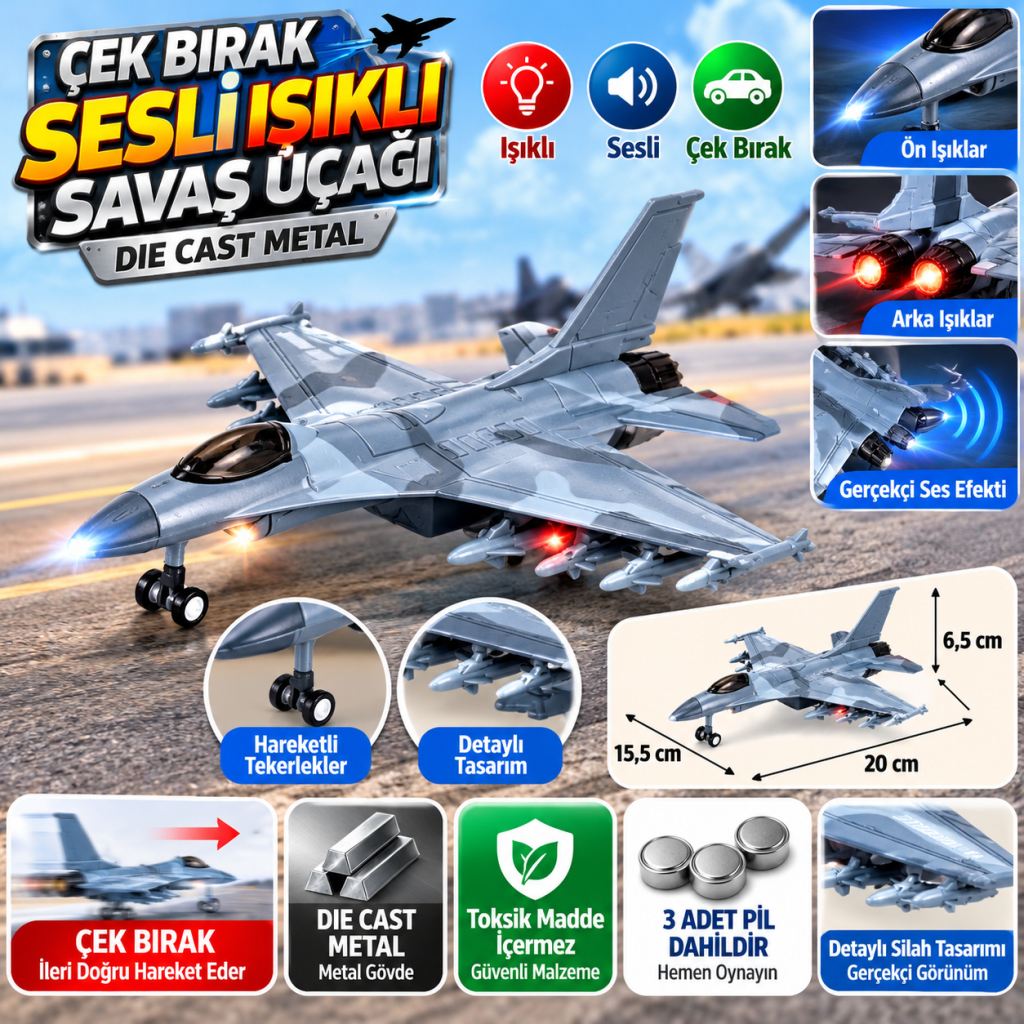 Çek Bırak Die Cast Sesli ve Işıklı Gri Savaş Uçağı 816