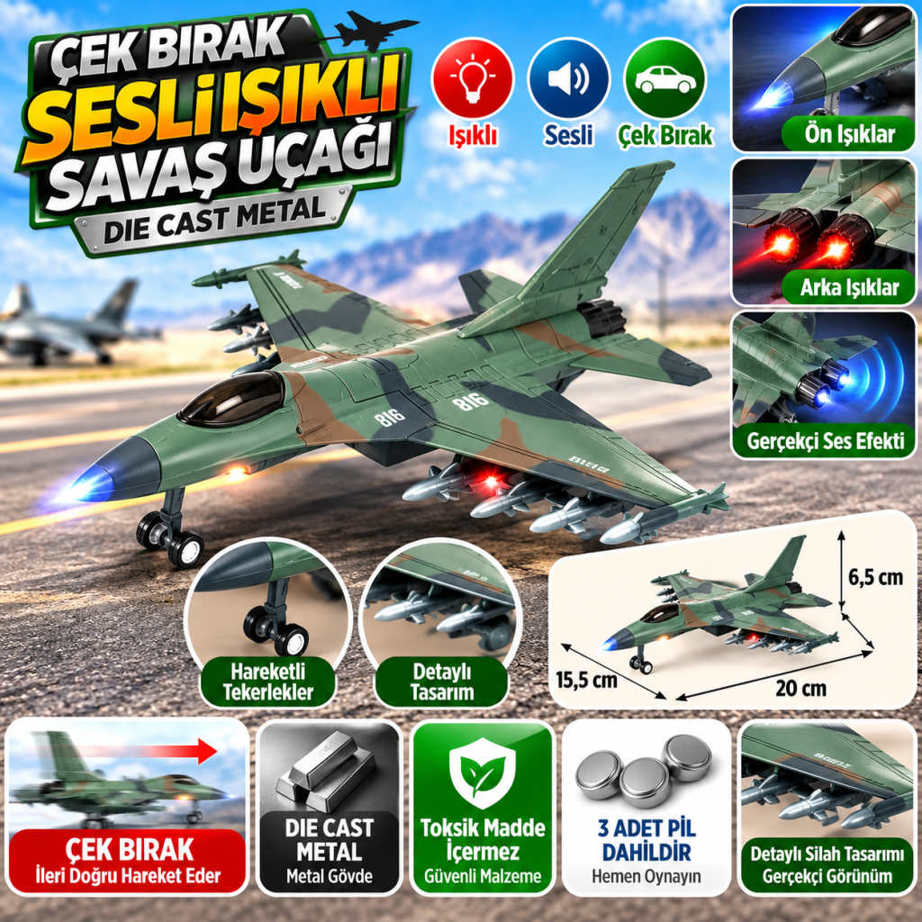 Çek Bırak Die Cast Sesli ve Işıklı Yeşil Savaş Uçağı 816