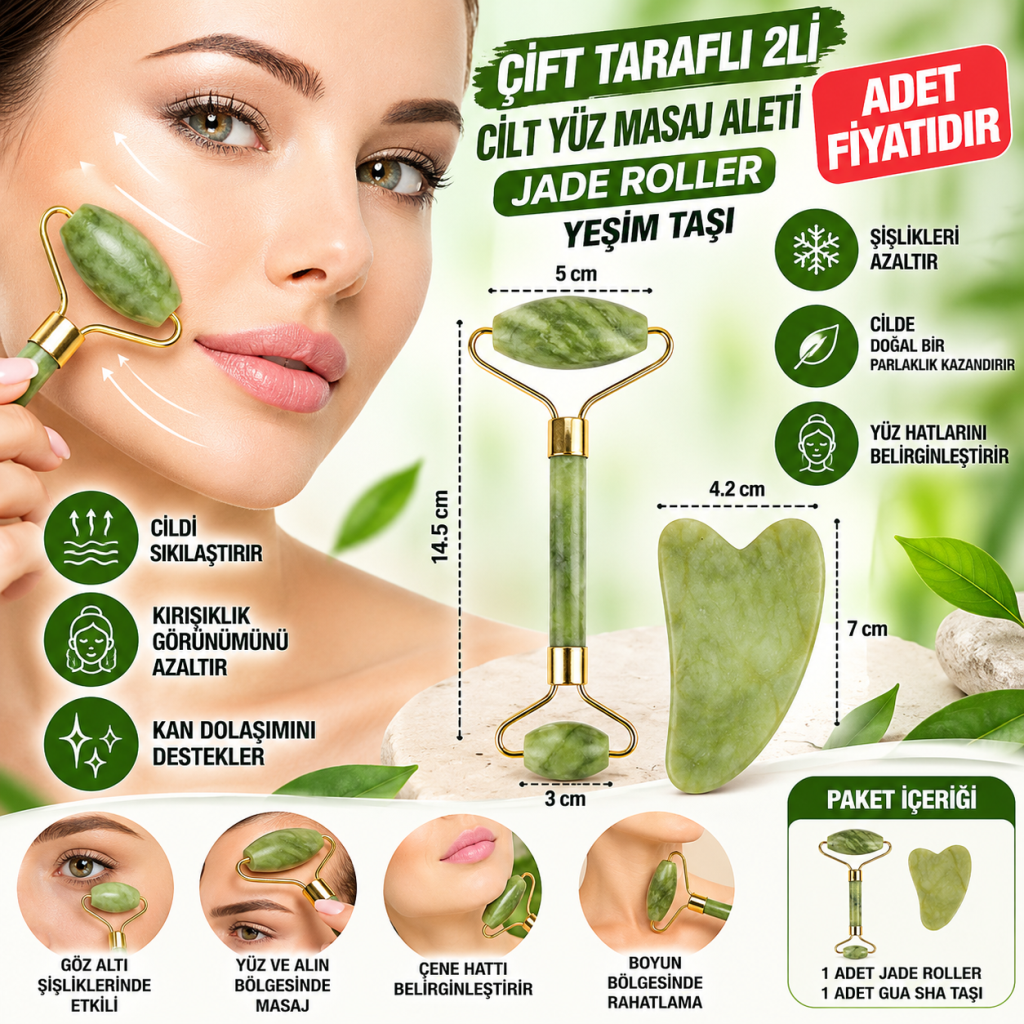 Çift Taraflı 2li Cilt Yüz Masaj Aleti Jade Roller Yeşim  Taşı Seti(adet fiyatıdır)