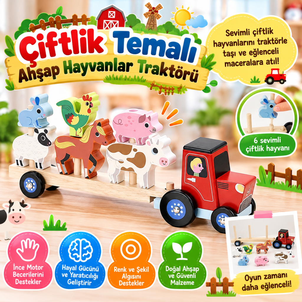 Çiftlik Temalı Ahşap Hayvanlar Traktörü