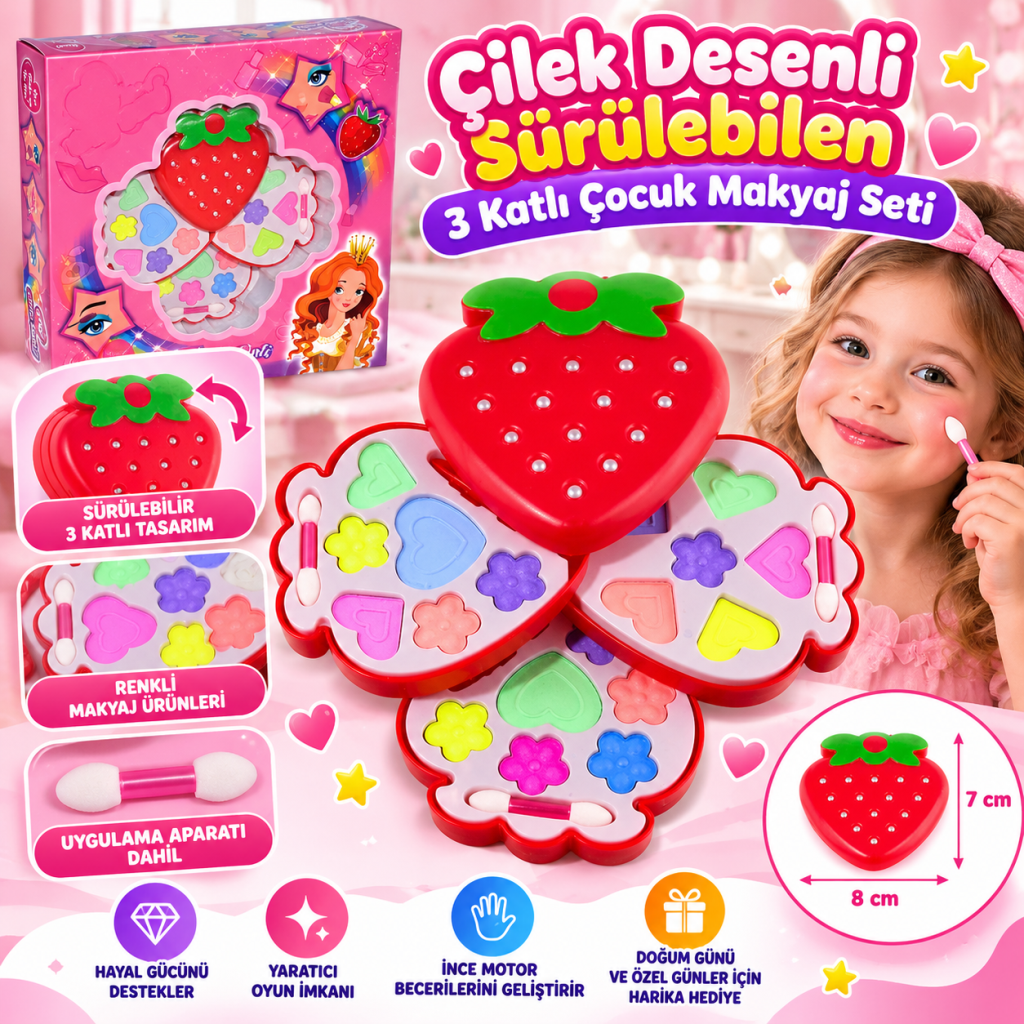 Çilek Desenli Sürülebilen 3 Katlı Çocuk Makyaj Seti