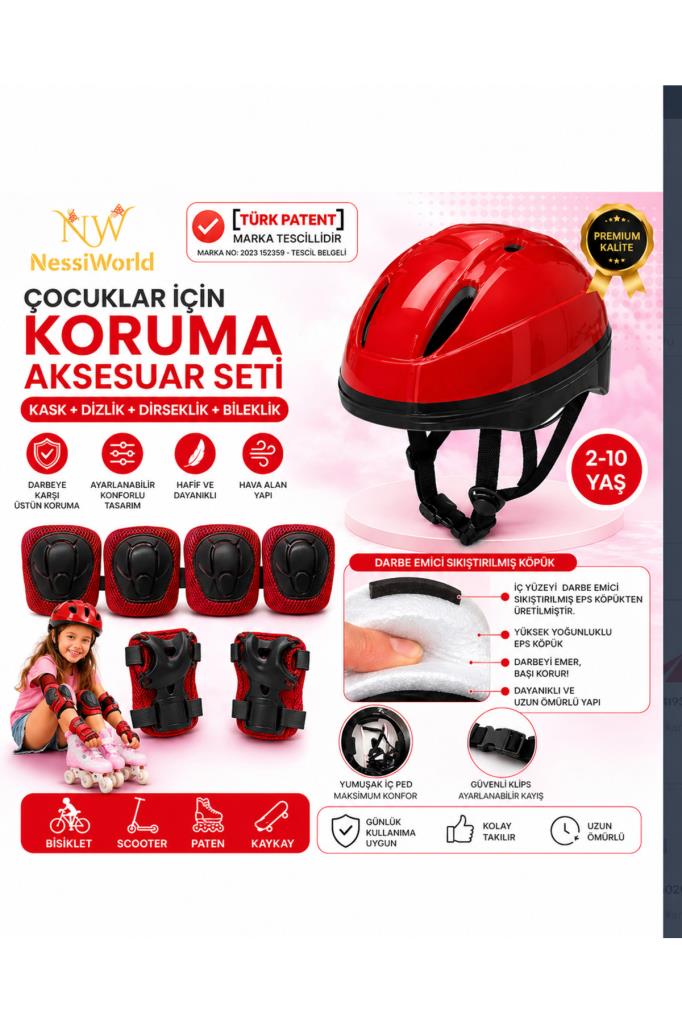 Çocuk Kaskı Ve Dizlik, Dirseklik Eldiven Set KIRMIZ/KIRMIZISİYAH