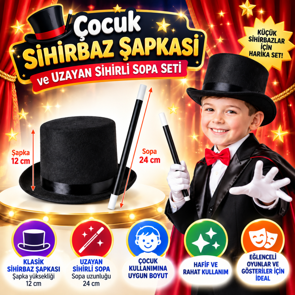 Çocuk Sihirbaz Şapkası ve Uzayan Yaylı Sihirli Sopa Seti