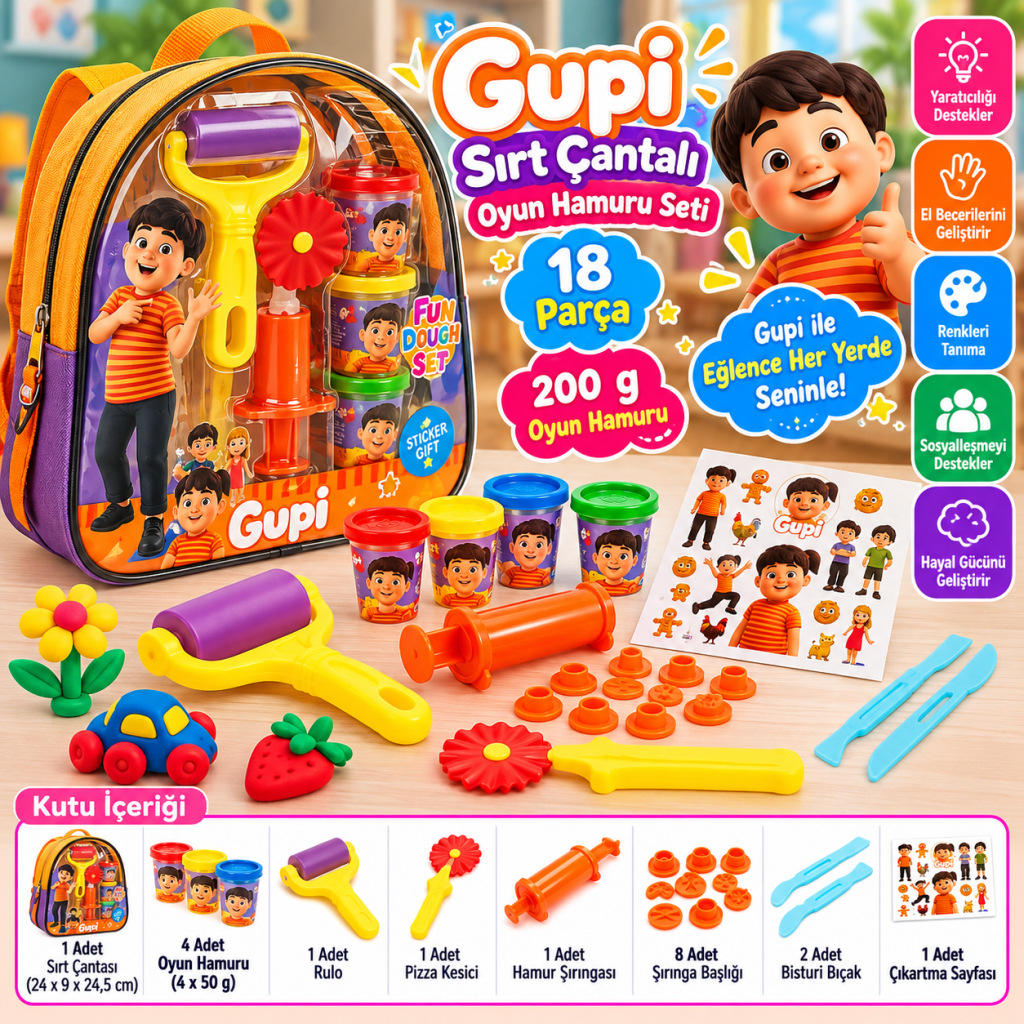 Sırt Çantalı Gupi Oyun Hamuru Seti 200 gr 18 Parça