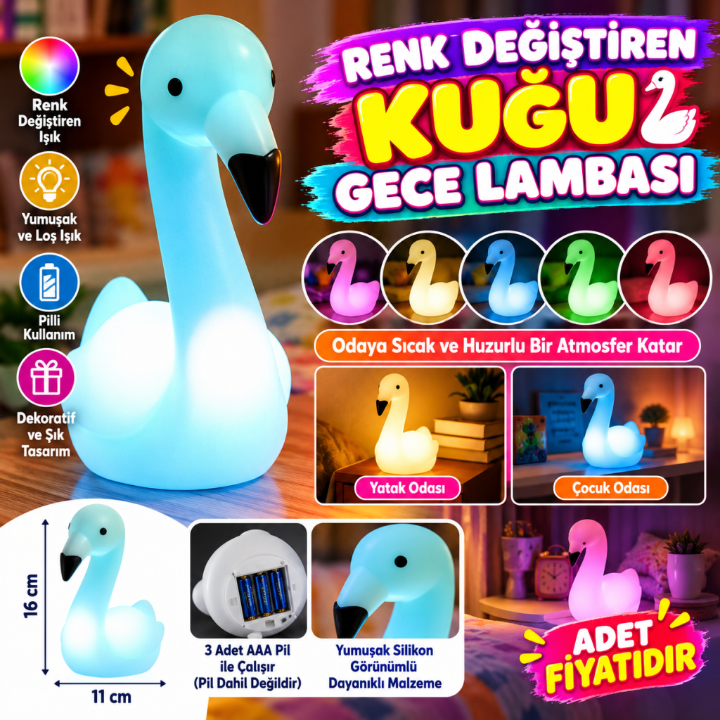 Dekoratif Işık Altında Renk Değiştiren pilli Kuğu Gece Lambası (adet fiyatıdır)