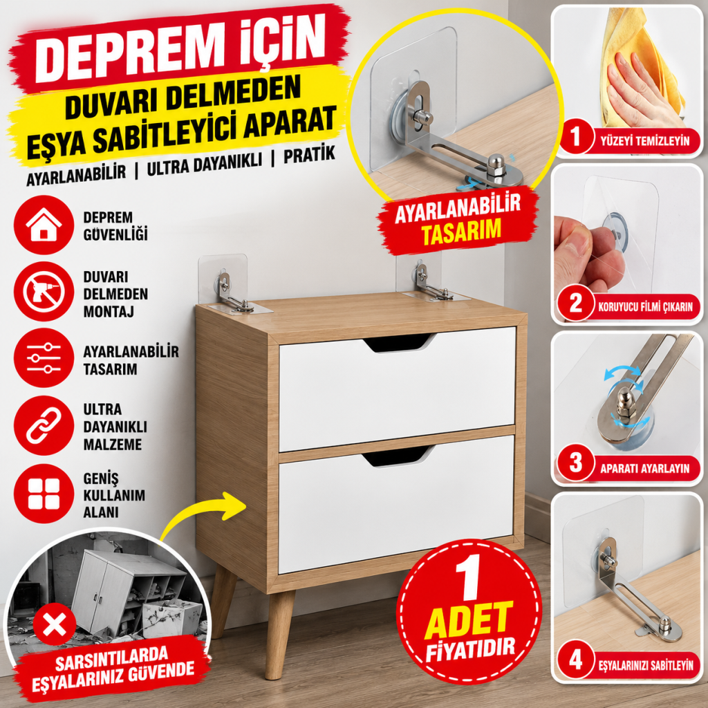 Deprem İçin Ultra Dayanıklı Çivisiz Duvarı Delmeden Ayarlanabilir Eşya Sabitleyici Aparat(adet fiyatıdır)