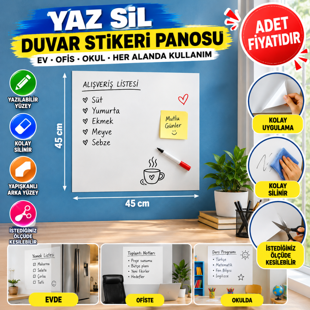Ders Çalışma Yazı Tahtası Manyetik Mıknatıslı Duvar Stickerı