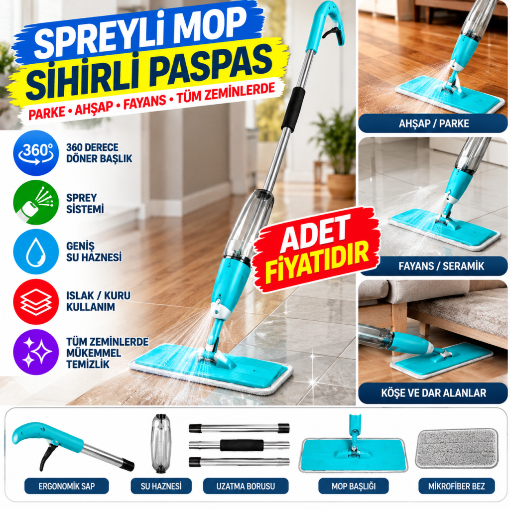 Döner Başlıklı Spreyli Mop Parke Ahşap Fayans Temizleyici Su Hazneli Sihirli Paspas(adet fiyatıdır)