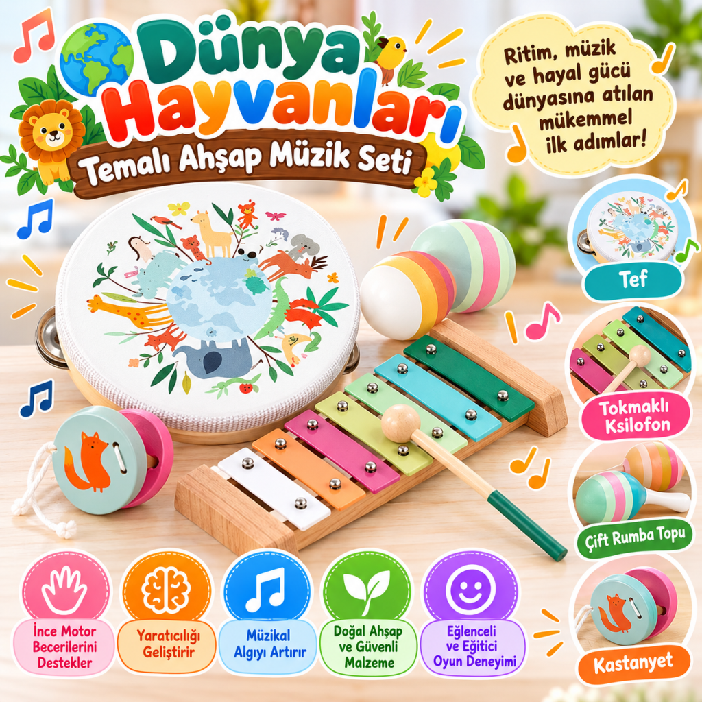 Dünya Hayvanları Temalı Ahşap Müzik Seti