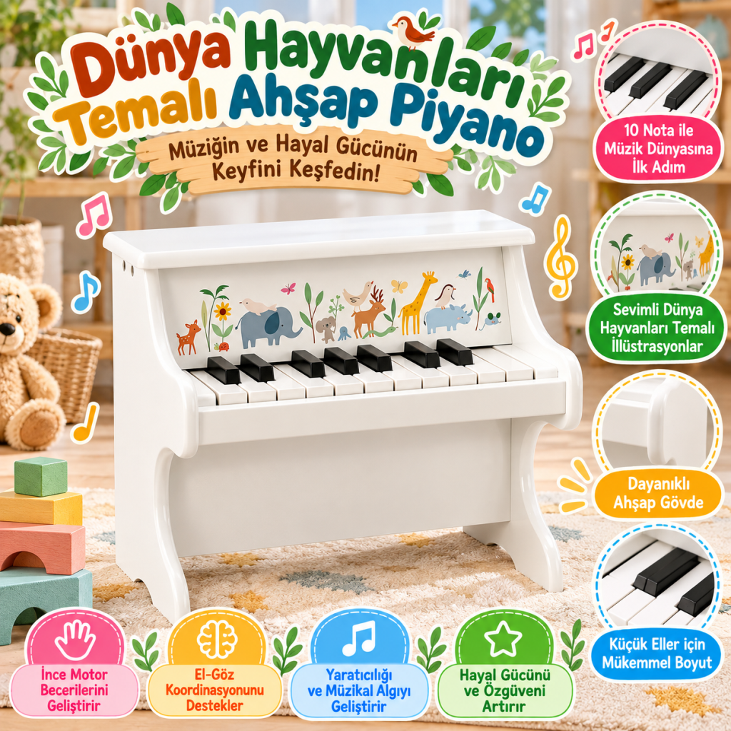 Dünya Hayvanları Temalı Ahşap Piyano